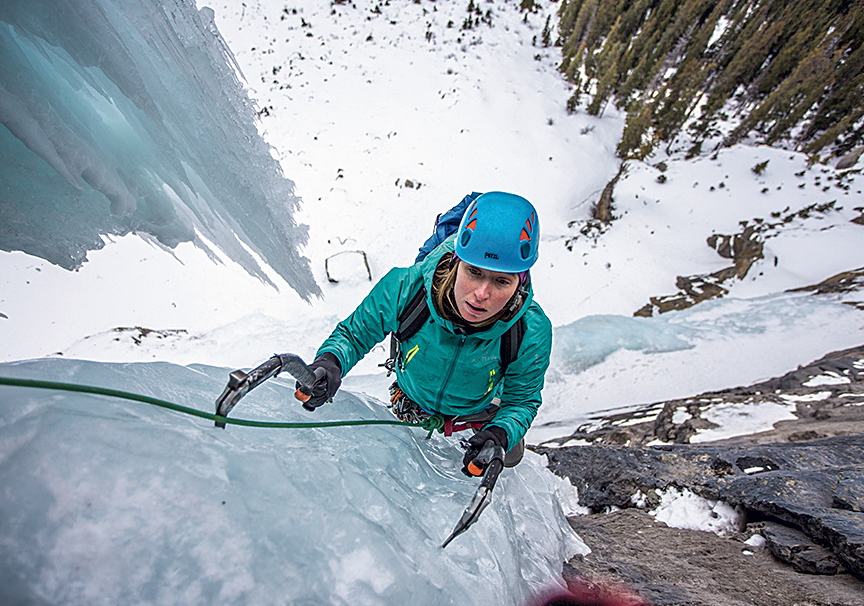 Smith seconds Cyber Pasty Memorial (WI5+ M7+), Icefields Parkway. The photographer recalls, [Smith] took a bit of ice to the lip, but was still smiling all day. [Photo] John Price