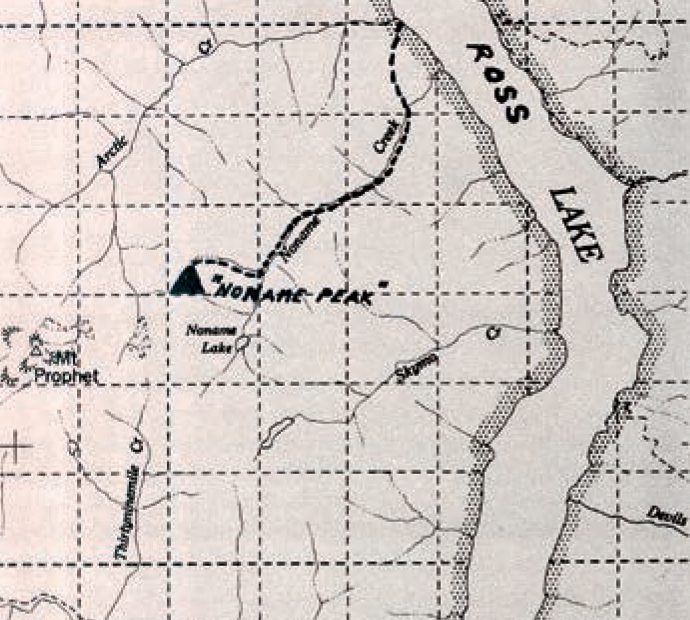 The altered map from the May 1960 Summit article, An Unclimbed No Name Peak, showing the imaginary location of the mountain. As Ronald Peattie pointed out in Mountain Geography, surprisingly few people agree what a real mountain is, how high and steep it must be for that term: To a large extent, a mountain is a mountain because of the role it plays in popular imagination. [Image] Courtesy of the American Alpine Club