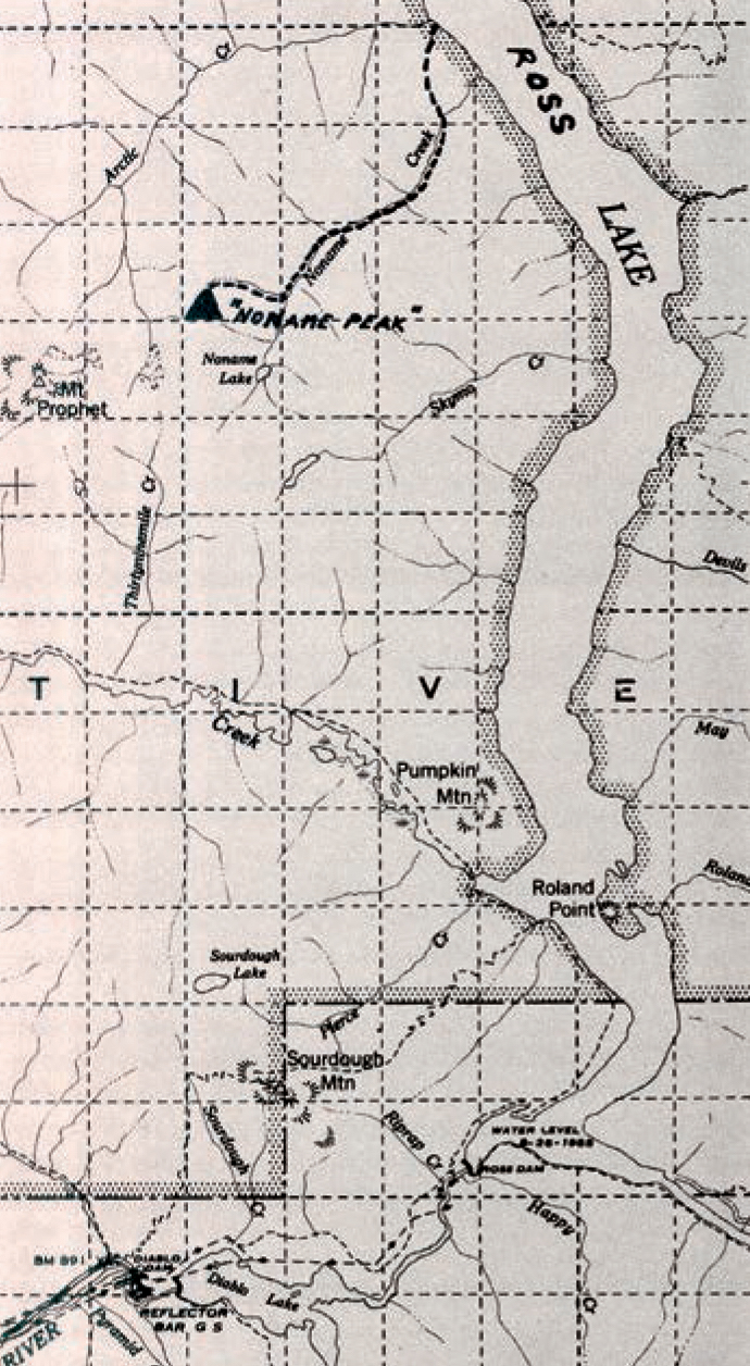The altered map from the May 1960 Summit article, An Unclimbed No Name Peak, showing the imaginary location of the mountain. As Ronald Peattie pointed out in Mountain Geography, surprisingly few people agree what a real mountain is, how high and steep it must be for that term: To a large extent, a mountain is a mountain because of the role it plays in popular imagination. [Image] Courtesy of the American Alpine Club