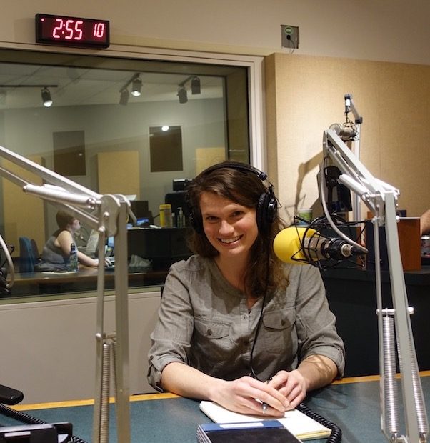 Alpinist Associate Editor and Podcast Host Paula Wright record in the sound booth. [Photo] Alpinist staff