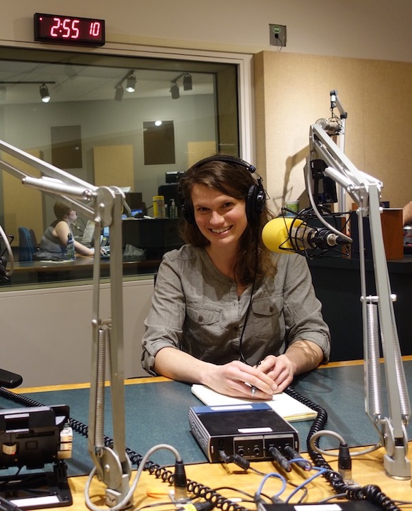 Alpinist Associate Editor and Podcast Host Paula Wright record in the sound booth. [Photo] Alpinist staff