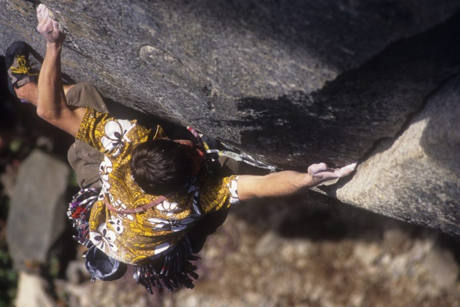 Andrew Boyd climbs Flight of the Challenger (5.12c) in Squamish, British Columbia, circa mid-1990s. [Photo] Rich Wheater
