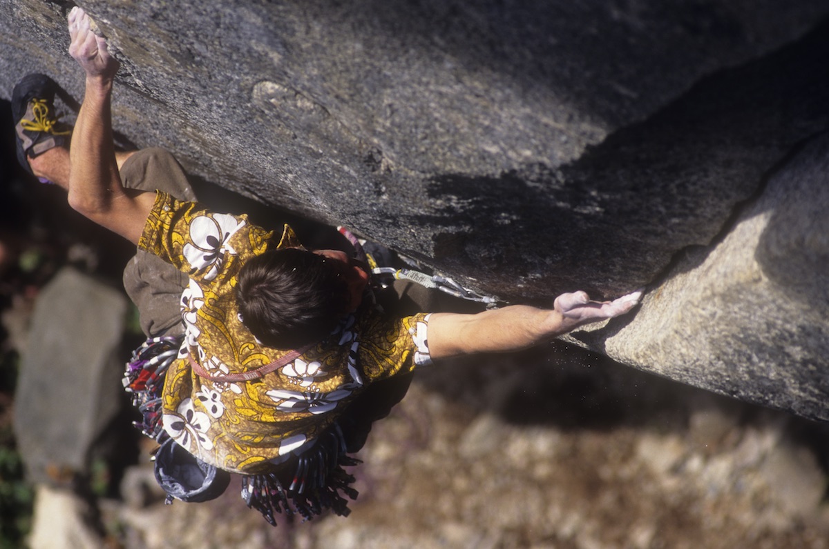 Andrew Boyd climbs Flight of the Challenger (5.12c) in Squamish, British Columbia, circa mid-1990s. [Photo] Rich Wheater