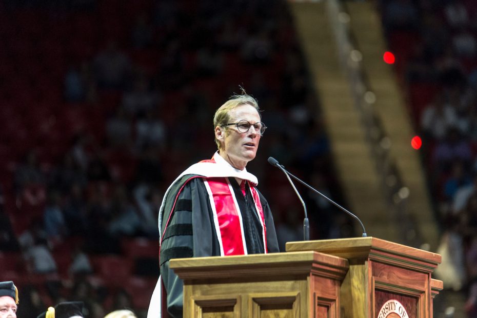 Conrad Anker delivers the University of Utah's graduation commencement speech on May 3. [Photo] University of Utah-Marketing and Communications