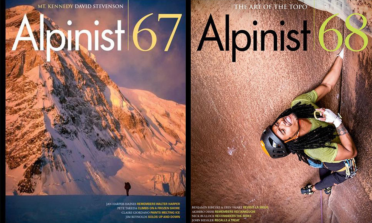 Alpinist 67 (Autumn 2019) and Alpinist 68 (Winter 2019-20) include stories that are finalists in the category for Best Mountaineering Article at the 2020 Banff Mountain Film and Book Festival.