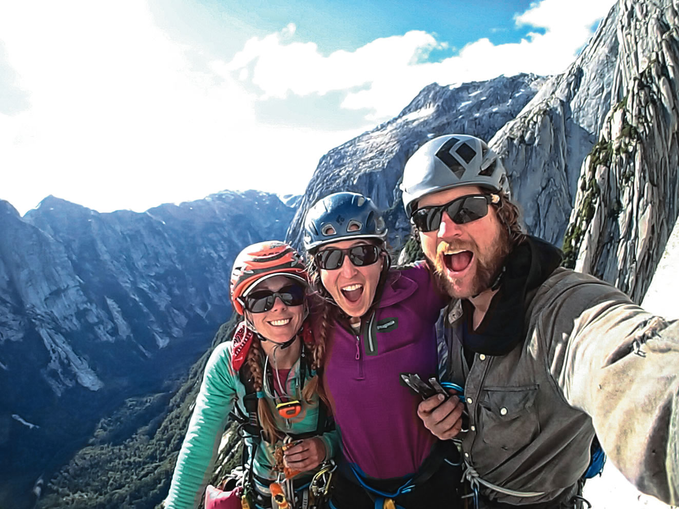 From left to right: Sauter, Althea Rogers and Niels Tietze near the top of El Hermano, named by the late Michael Ybarra. The team made the first ascent in honor of Ybarra and Gil Weis, who had dreamed of the route. [Photo] Niels Tietze
