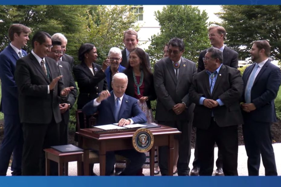 A screenshot from the livestreamed event outside the White House on October 8 as President Joe Biden signed the proclamations restoring the protections to Bears Ears, Grand Staircase-Escalante and Northeast Canyons and Seamounts Marine national monuments as set by President Barack Obama. Biden handed out the pens he used to the people gathered behind him. [Photo] Derek Franz