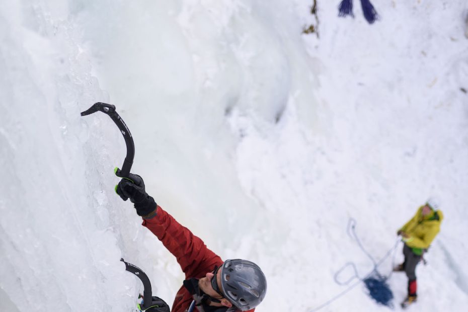 Todd Preston leads Alpha (WI5) with the Black Diamond Reactor ice tools in Hyalite Canyon, Montana. [Photo] Jim Menkol