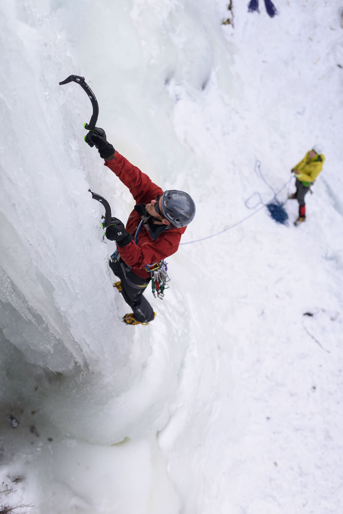 Todd Preston leads Alpha (WI5) with the Black Diamond Reactor ice tools in Hyalite Canyon, Montana. [Photo] Jim Menkol