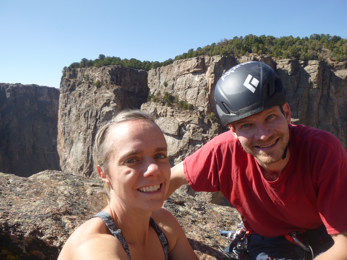 Franz with his wife Mandi on top of Maiden Voyage (5.9), Black Canyon of the Gunnison National Park. [Photo] Mandi Franz