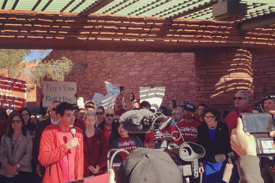 Alex Honnold speaks to a crowd of Save Red Rock supporters and media outside the Clark County Government Center before the February 22 hearing in which the County Zoning Commission ruled in favor of the concept plan for the Blue Diamond Hill development. Regardless of the outcome, the event was awesome--tons of support for our side, said Chris Weidner, a climber and freelance writer who attended the hearing. [Photo] Heather Weidner