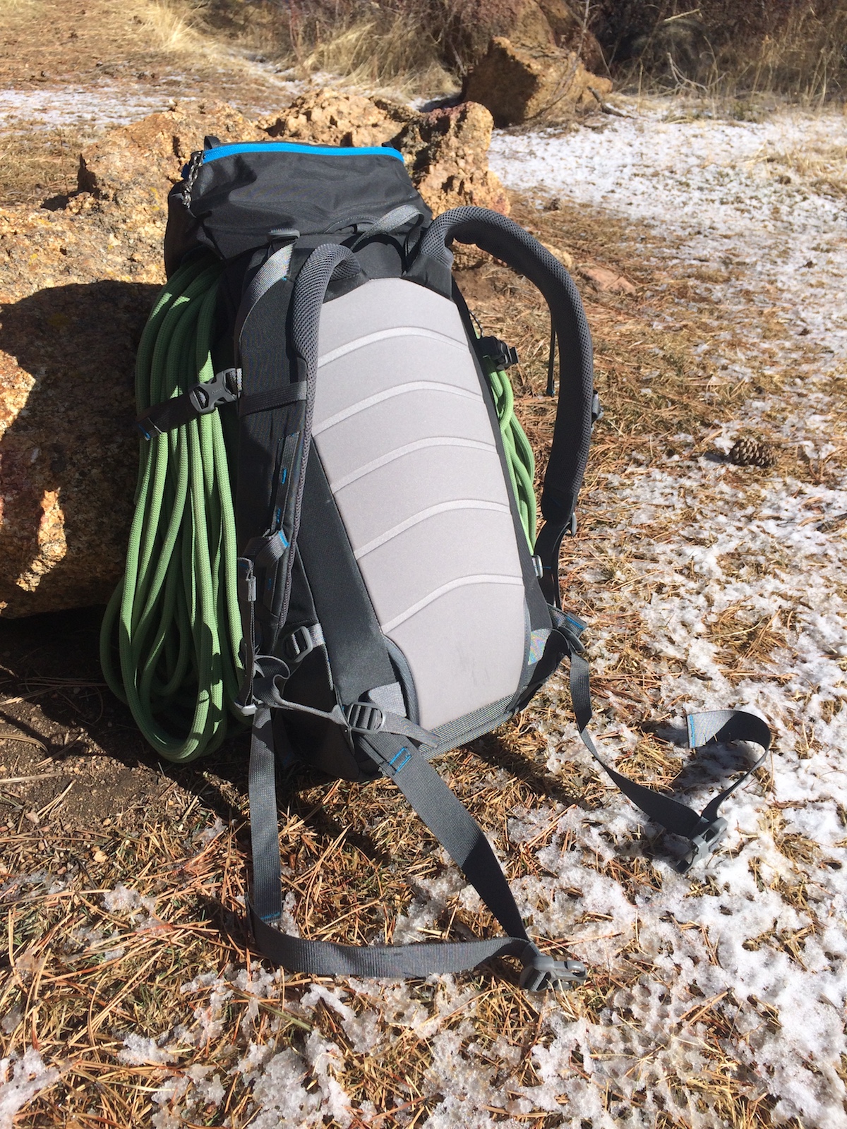The Warthog 40L Pack, showing the unpadded hip belt, the simple back panel, and the non-expandable, fixed lid. [Photo] Mike Lewis