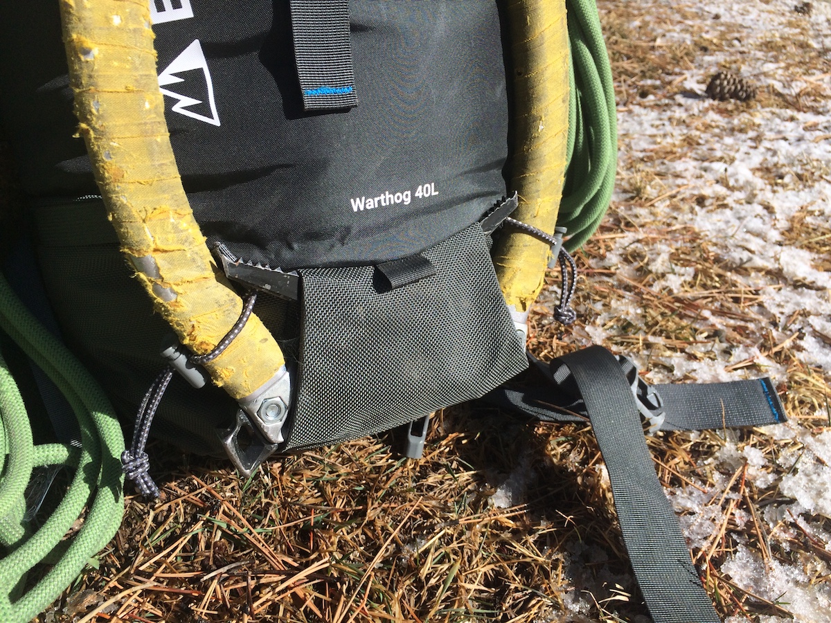 The Warthog's ice tool sleeves with bungee and toggle system to keep the picks in place. [Photo] Mike Lewis
