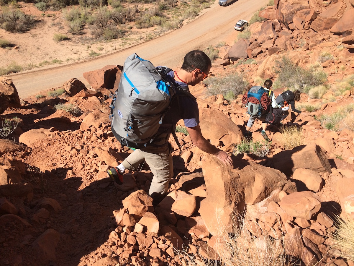 The author carrying the Yeti 50L pack without the lid while guiding in Moab, Utah. [Photo] Brent Butler