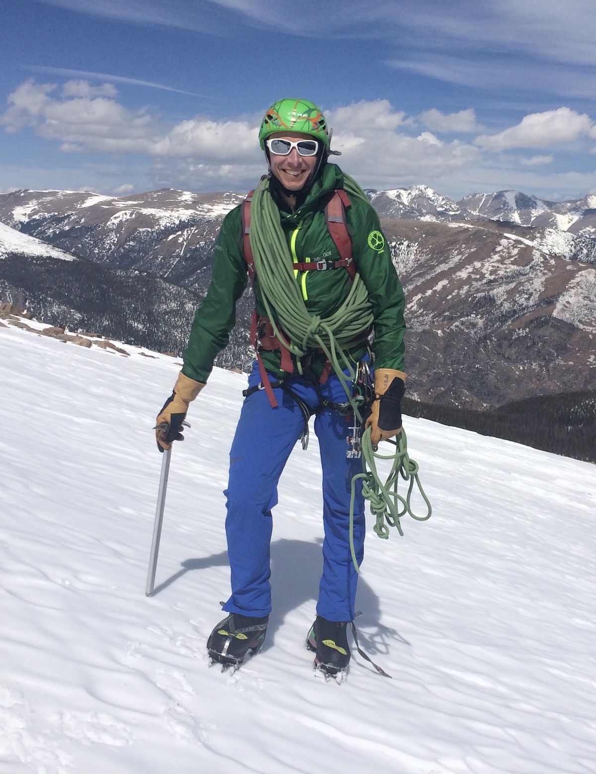 Mike Lewis wearing the Stetinds with crampons on Flattop Mountain, Rocky Mountain National Park, Colorado. [Photo] Mike Lewis collection
