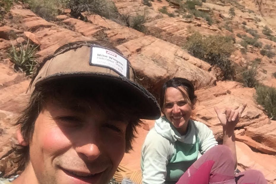 Max Barlerin and Quinn Brett celebrate on top of the Leaning Wall in Zion after Brett's free ascent of Spaceshot (IV 5.13a) on May 2. [Photo] Max Barlerin