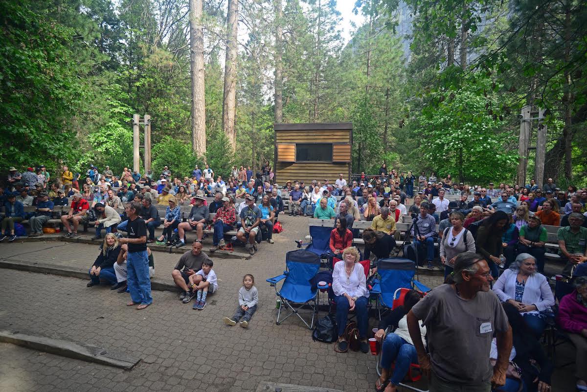 The gathering to honor the life of Jim Bridwell in Yosemite's Lower River Amphitheater. [Photo] Ed Hartouni