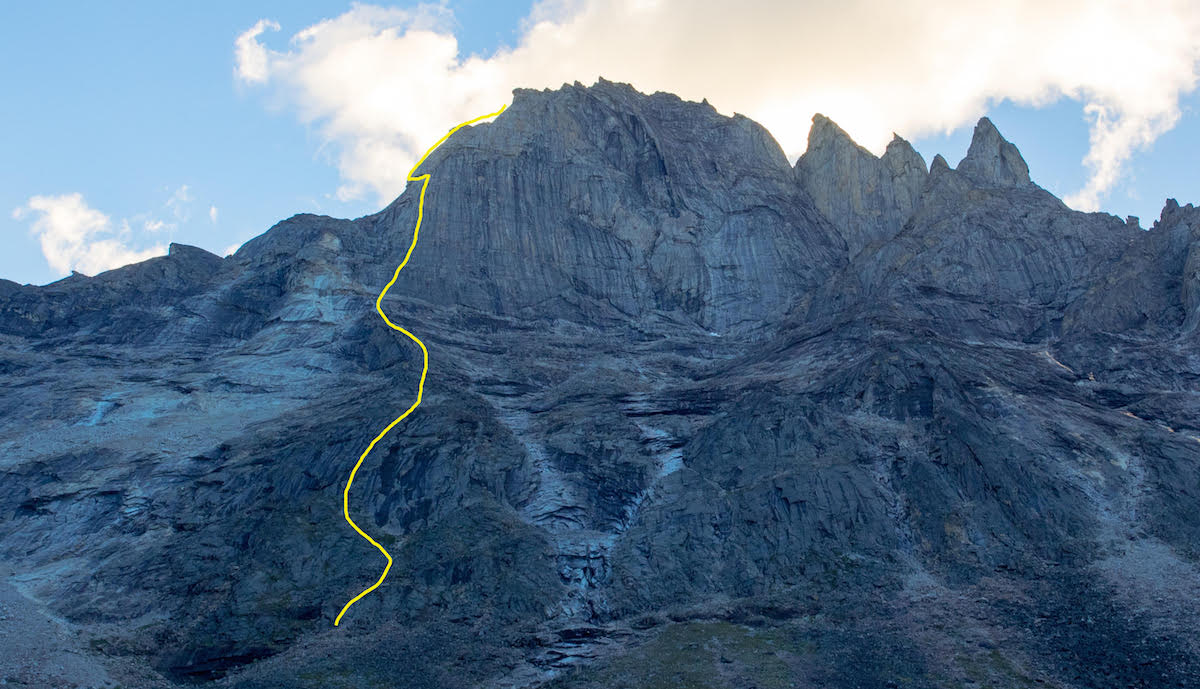 The team's yet-to-be-named route on the east face of Caliban. [Image] Lang Van Dommelen
