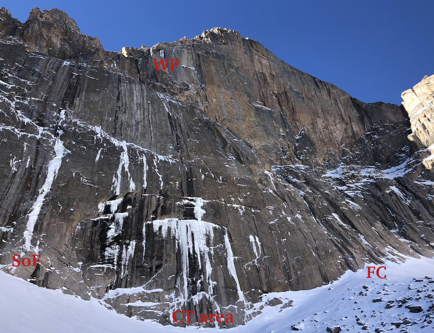 An overview of the ice/mixed routes on the east face of Longs Peak in October 2018: Smear of Fear is labeled on the lower left; the Crazy Train area is at the bottom center (see detailed photo below); Field's Chimney is on the right; Window Pain is top center. [Photo] Brian McMahon