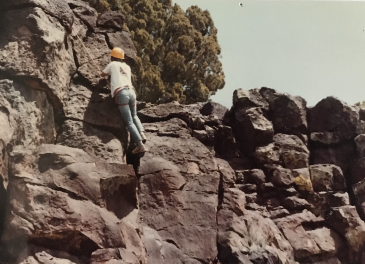 The author toproping in the Los Alamos Mountaineers climbing course as a high school student in 1981. [Photo] Cameron M. Burns collection