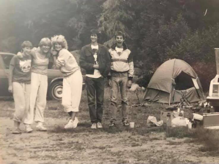Camping in the Jemez Mountains, NM, ca. 1982. From left to right: Brenda Barr, Kristin Kenyon, unknown, Dave Hayes, Cameron Burns. [Photo] Courtesy of Brenda Barr