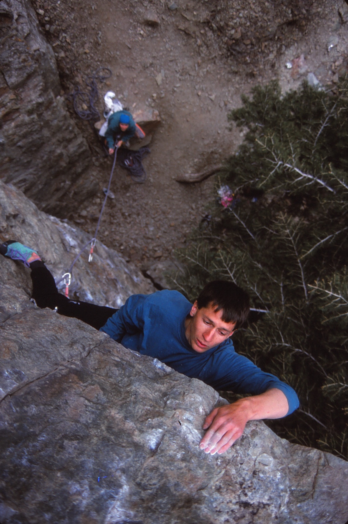 Dave Hayes on Big in Japan (5.12a) in Big Cottonwood Canyon, Utah, ca. late 1980s-early '90s. [Photo] Cameron M. Burns