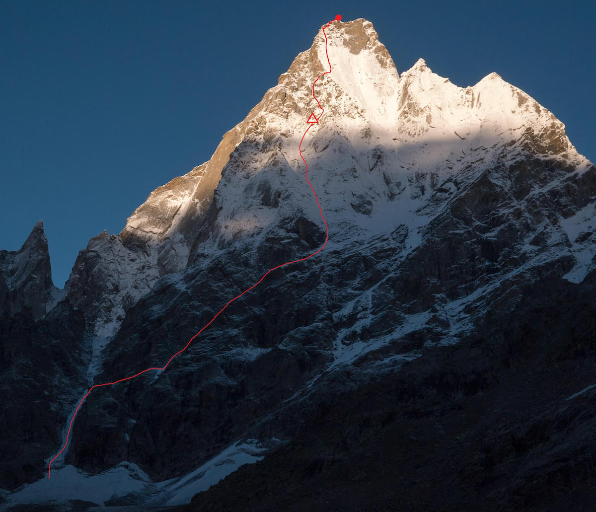 The northeast face of Cerro Kishtwar (6173m) with All Izz Well (VI WI5 M6, 1500m) marked in red with the team's first bivy site. [Photo] Genki Narumi, Yusuke Sato and Hiroki Yamamoto collection