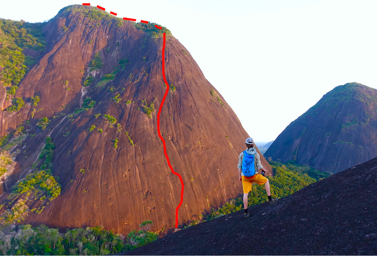David Allfrey, Kieran Brownie and Paul McSorley's route, El Abrazo de la Serpiente (Embrace of the Serpent; V 5.11c R/X 660m), on Cerro Pajarito is shown in red, as seen from Cerro Diablo. [Photo] Paul McSorley