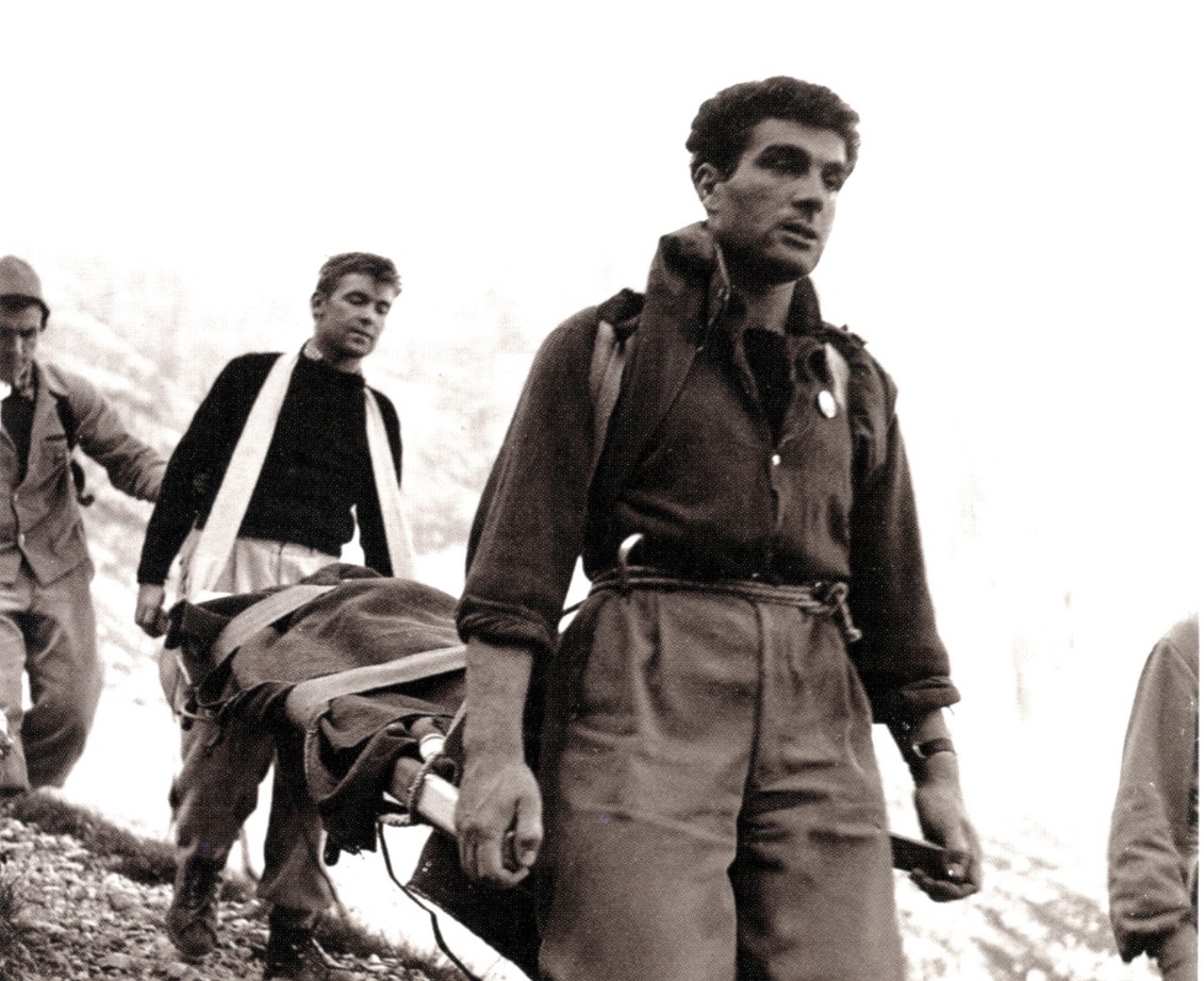 Cesare Maestri (front) with Mario Cristofolini during a rescue in the 1960s. [Photo] Wikimedia