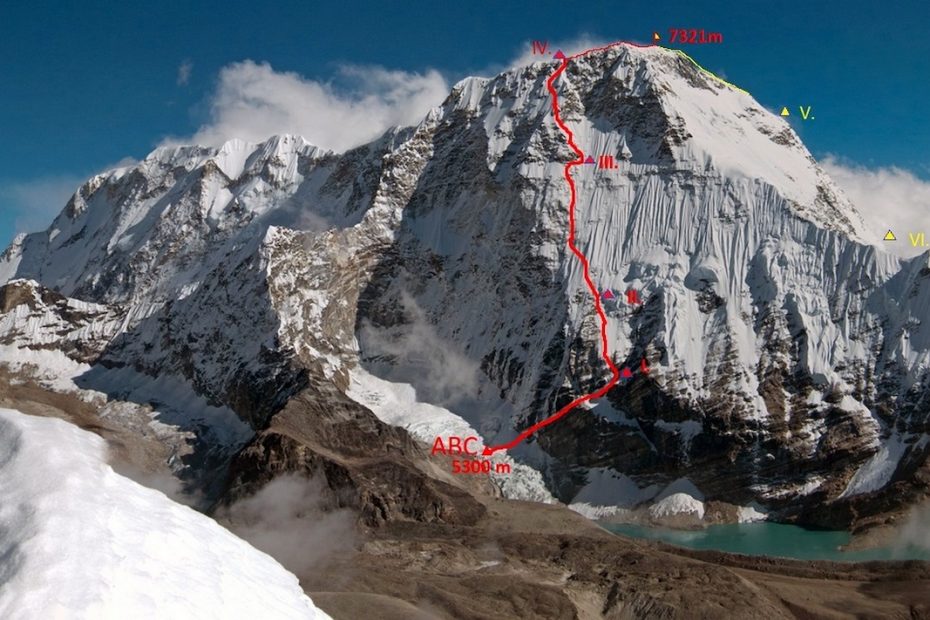 The northwest face of Chamlang (7321m) with the line of UFO (ABO M6, WI5, 2500m) marked in red. [Photo] Zdenek Hak and Marek Holecek collection