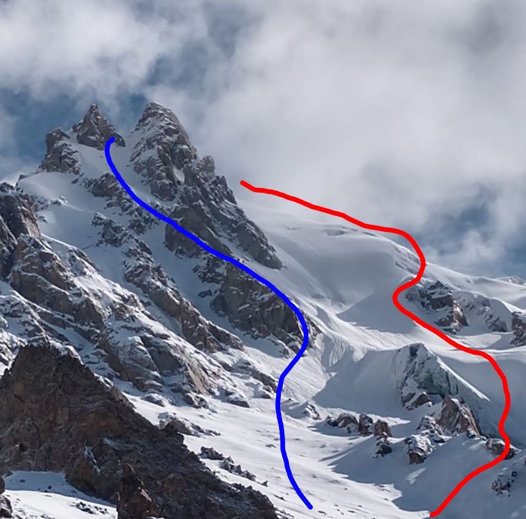 The blue line on the left shows Tico Gangulee's approximate line of ascent on Chashkin I and the red line to the right shows the lower section of his ski descent. He named his route--which he completed as an onsight free solo--Steeze Matters (ED: 5.11c M4+, 85-degrees, 900m). [Photo] Tico Gangulee