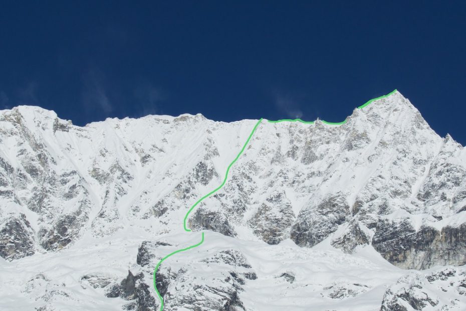 Seto Hi'um (TD: M4 WI4 1150m) on the south face of Chhopa Bamare (6109m) as seen from base camp. [Photo] Benjamin Billet