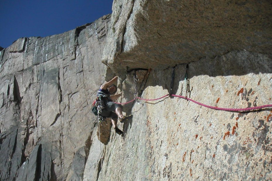 Chip Chace on Invisible Wall (IV 5.12a, 500'), Longs Peak. [Photo] Roger Briggs