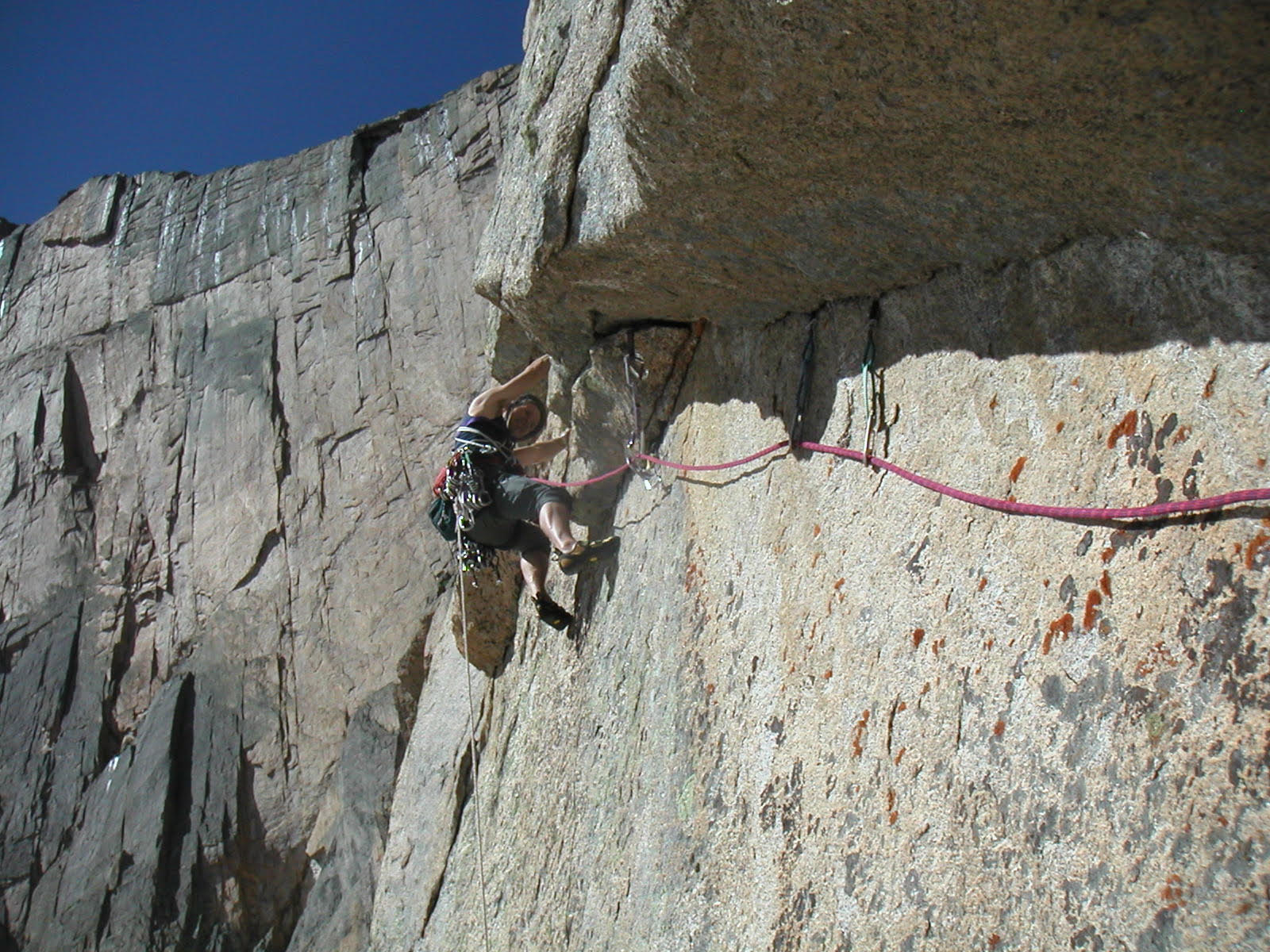 Chip Chace on Invisible Wall (IV 5.12a, 500'), Longs Peak. [Photo] Roger Briggs
