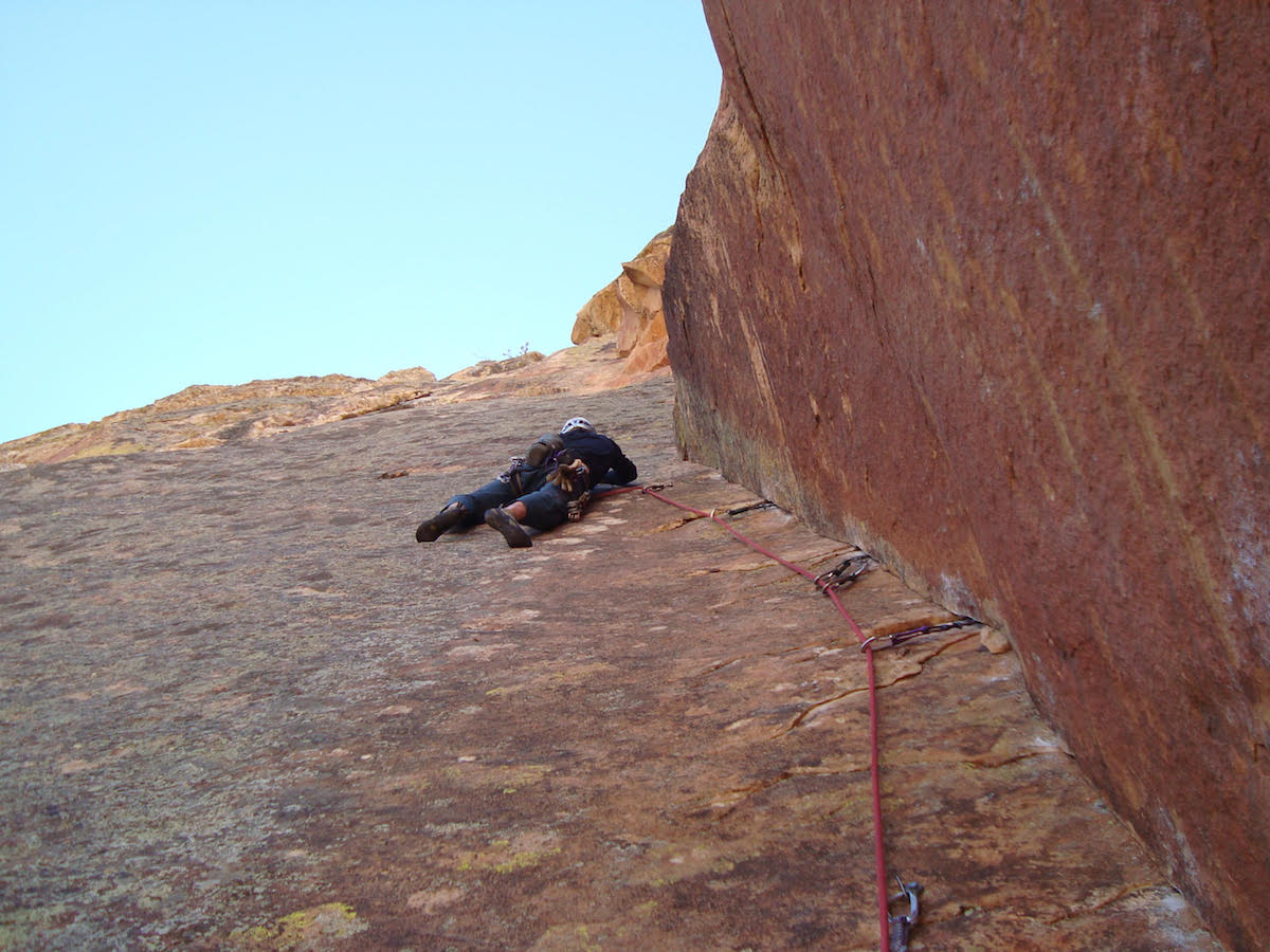 Chace on the Original Route, Rainbow Wall (V 5.12a, 14 pitches), Red Rock, Nevada. [Photo] Roger Briggs