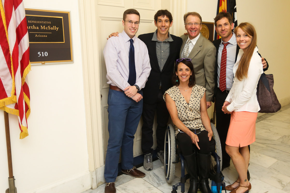 Staff members of Representative Martha McSally (R-AZ) met with a Climb the Hill delegation today that included Alex Honnold, Access Fund Policy Director Erik Murdock, Libby Sauter and Quinn Brett. [Photo] Stephen Gosling