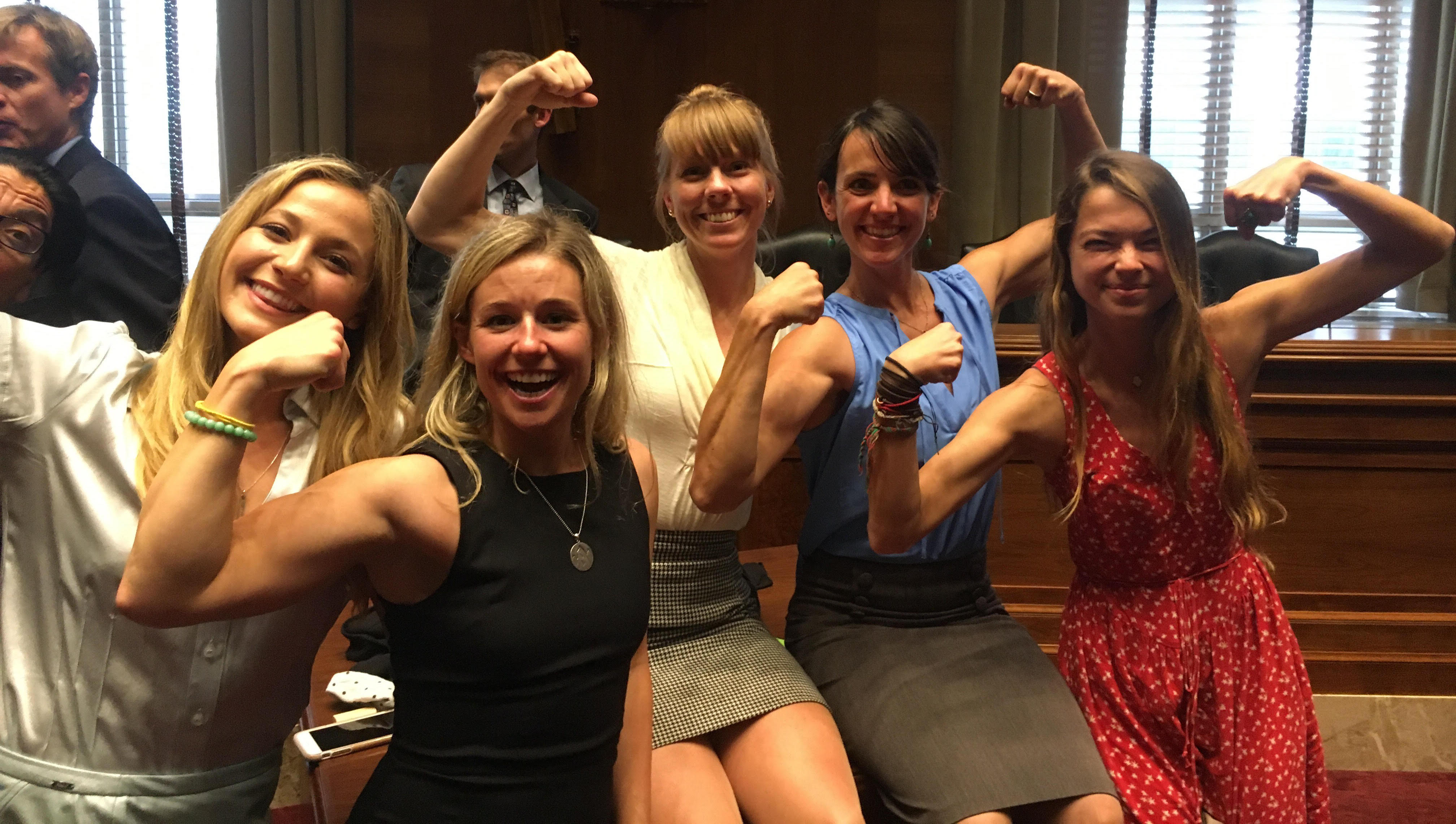 Quinn was also part of a delegation of 50 climbers who lobbied Congress in Washington, DC, last May on behalf of public lands and the environment. She's pictured here, second from right; the other women, from left to right, are Sasha DiGiulian, Caroline Gleich, Libby Sauter, and Katie Boue (far right). [Photo] Derek Franz