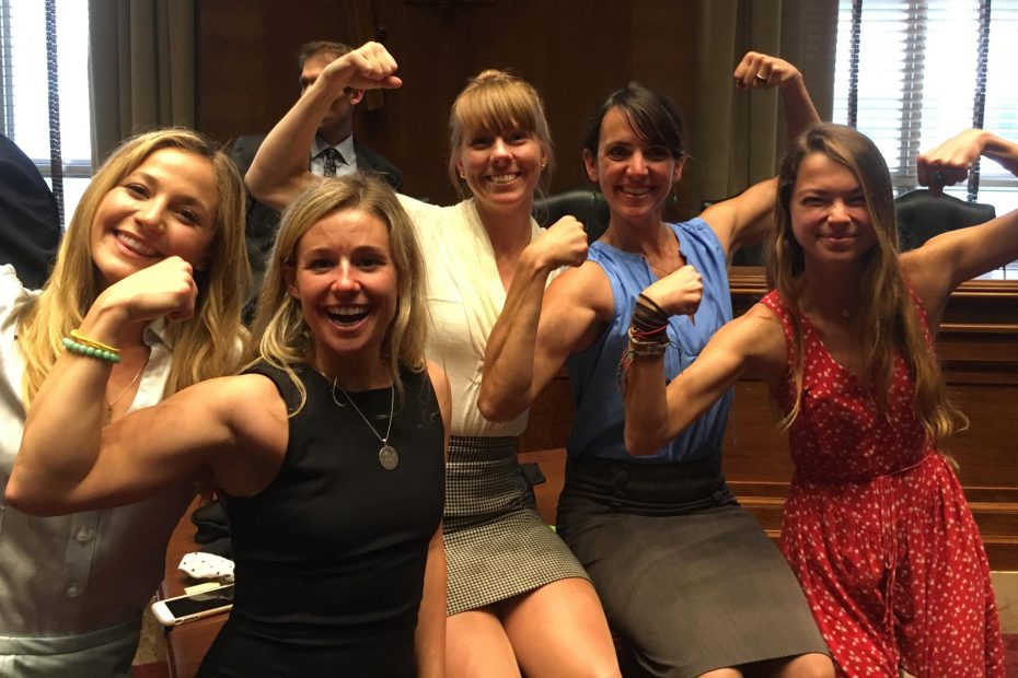 Flashback from 2017: (left to right) Sasha DiGiulian, Caroline Gleich, Libby Sauter, Quinn Brett and Katie Boue flex after a Congressional briefing in the U.S. Senate last year. All of them returned to Washington, D.C., this week for the third annual Climb the Hill event. [Photo] Derek Franz