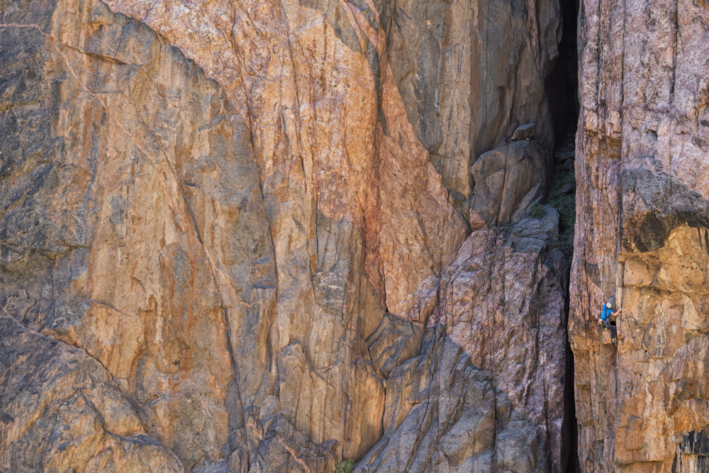 Madaleine Sorkin onsighting the crux pitch of Qualgeist (IV 5.12) on North Chasm View Wall in the Black Canyon of the Gunnison, Colorado, 2012. [Photo] Chris Noble