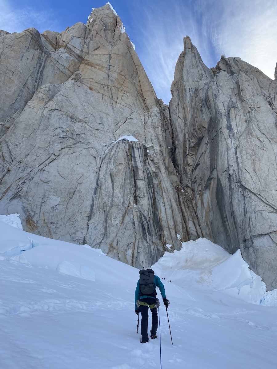 Approaching Cerro Torre. The hanging triangular snowfield is visible on the face above. [Photo] Roger Schaeli