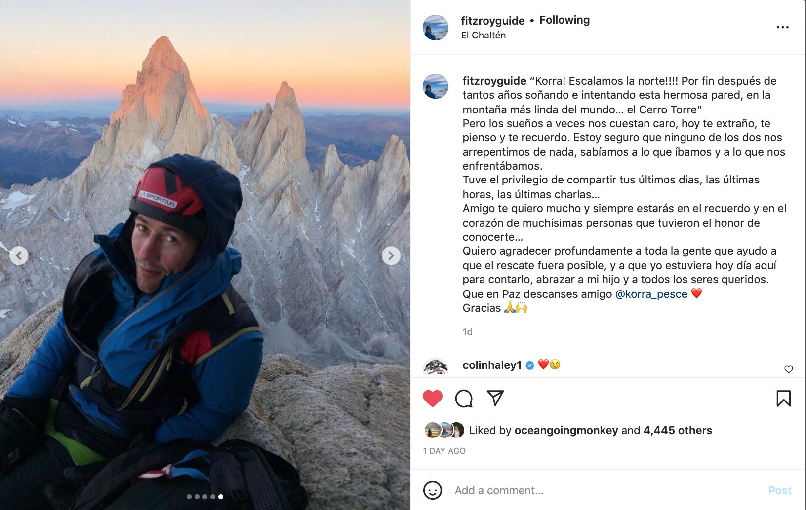 A screenshot of Tomas Tomy Aguilo's Instagram post showing Pesce on Cerro Torre before the accident. [Photo] Tomas Aguilo (@fitzroyguide)