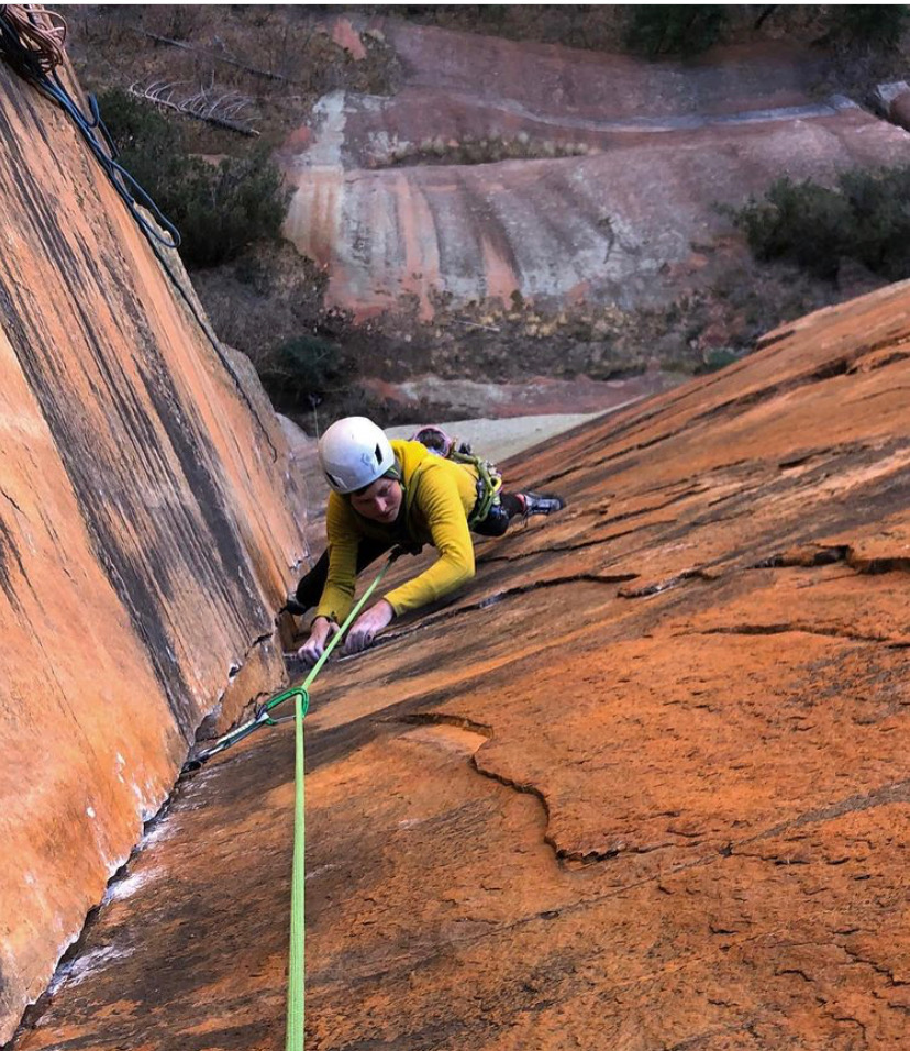 Lor Sabourin following the 5.13+ dihedral pitch while supporting Harrison Teuber's ascent, which took place shortly after Lor's send in late November. [Photo] Harrison Teuber