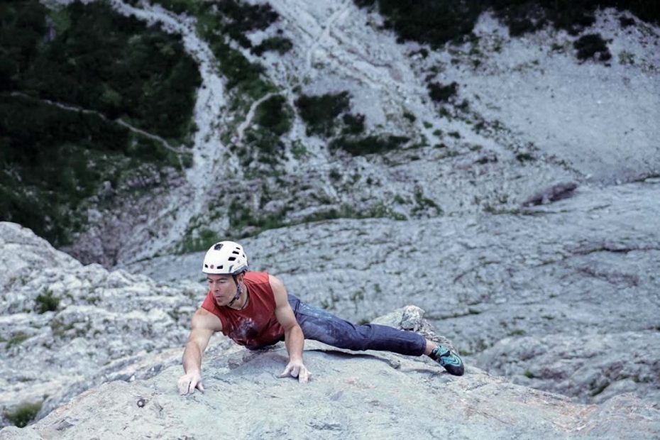 Swiss climber Dani Arnold free solos the Via Carlesso (7a+ or 5.12a 650m) on Torre Trieste (2458m) in Italy's Dolomite spires. [Photo] Dani Arnold collection