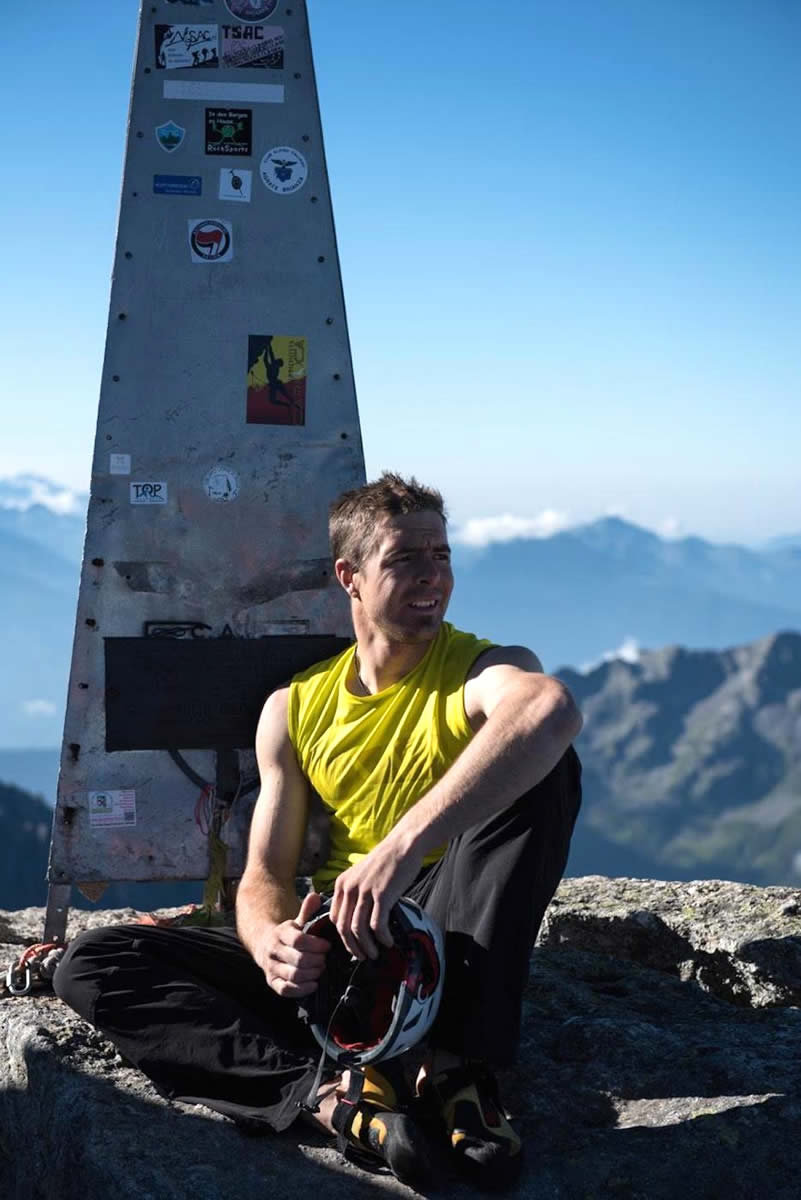 Arnold on top of Switzerland's Piz Badile (3308m). [Photo] Dani Arnold collection