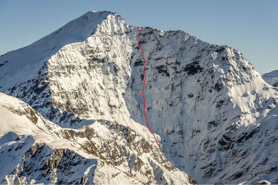 The East Face with the line of Ben Dare's route (M5 A1 WI5, 700m) marked. [Photo] Danilo Hegg