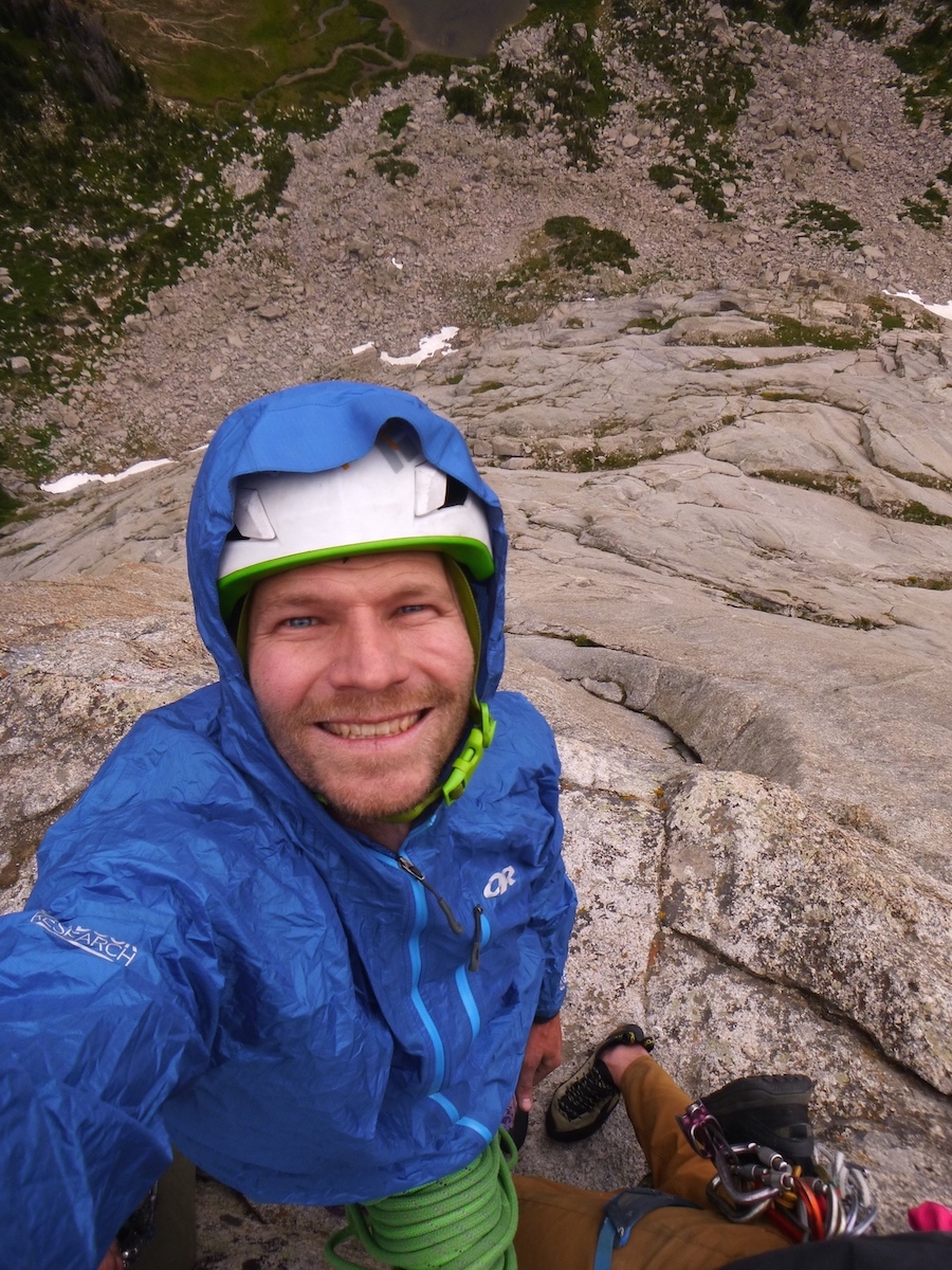 Derek Franz and friends avoiding the usual mule train of climbers on Pingora's Northeast Buttress (5.8)--one of the Fifty Crowded Classics of North America--by climbing it in drizzly weather in 2019, Wind River Range, Wyoming. [Photo] Derek Franz