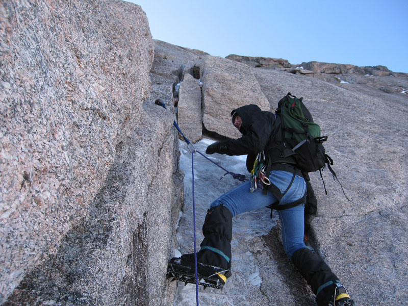 Jim Detterline leads the technical crux of the North Face (II M2) of Longs Peak in early November 2006. [Photo] Lisa Foster