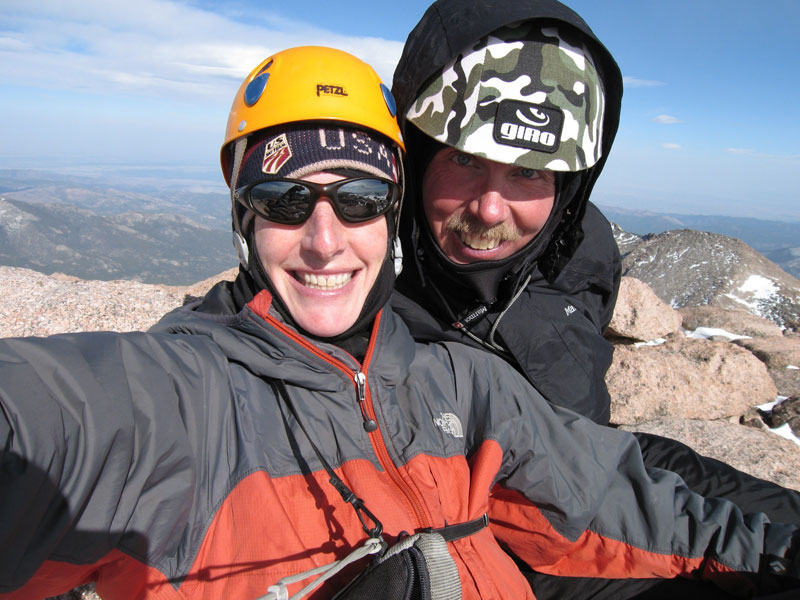 Lisa Foster and Jim Detterline on the summit of Longs Peak, April 2007, after summiting the North Face. [Photo] Lisa Foster