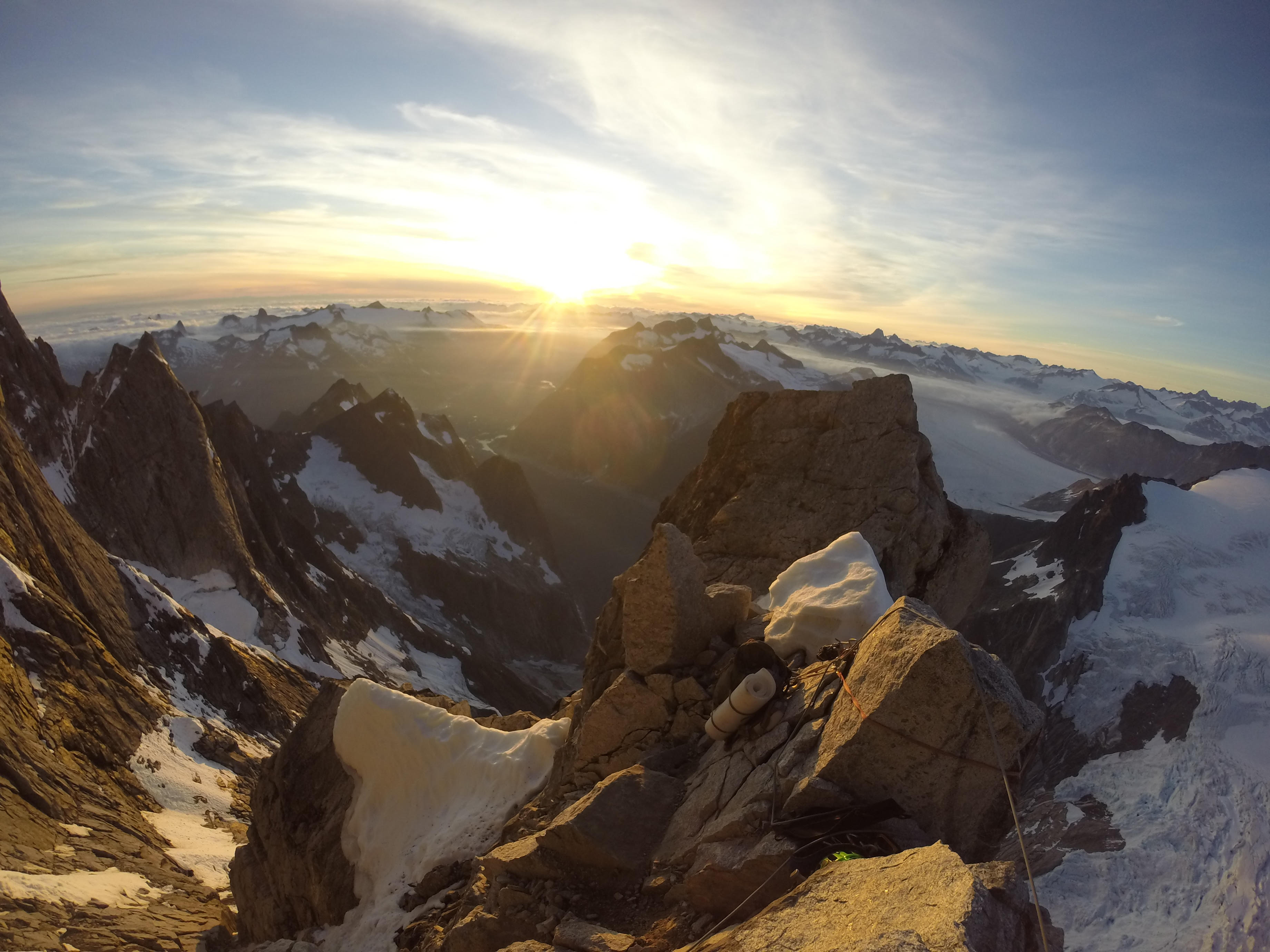 Sunset from Taylor’s bivy on the North Pillar. [Photo] Cole Taylor