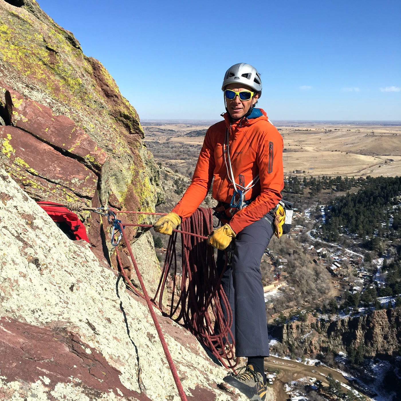 Mike Lewis guides Anthill Direct (5.9-) in Eldorado Canyon, Colorado, using the DMM Pivot belay device [Photo] Peter Braam